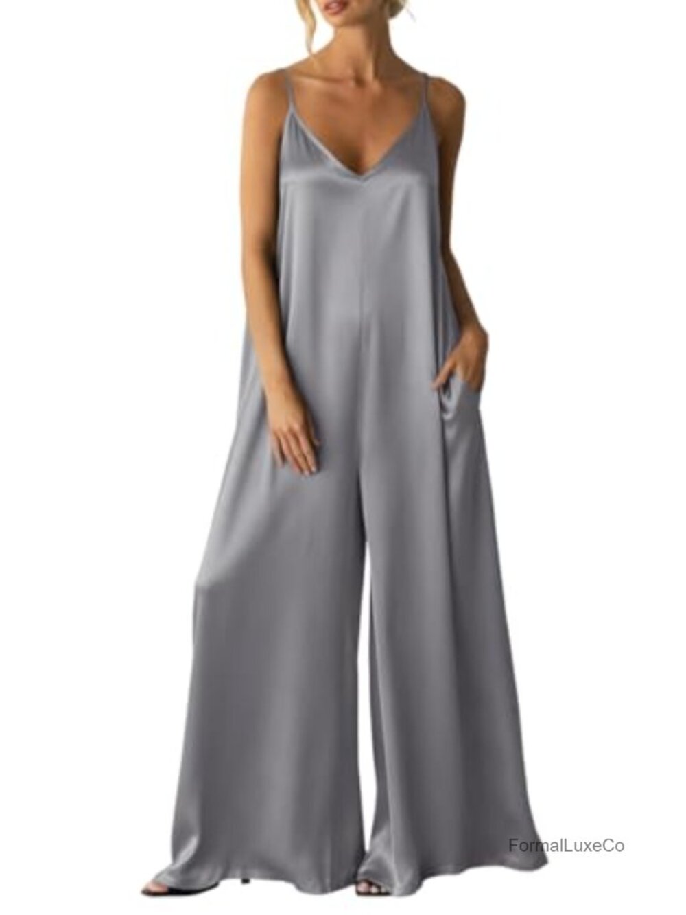 Satin Wide Leg Jumpsuit with Pockets V-Neck Sleeveless Dressy